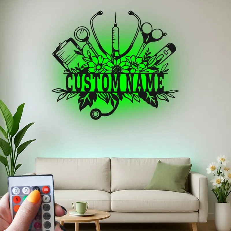 Personalized Nurse Gift | Custom Name LED Metal Sign for Clinic Decor | Floral Medical Wall Art | Nurse Graduation Gift