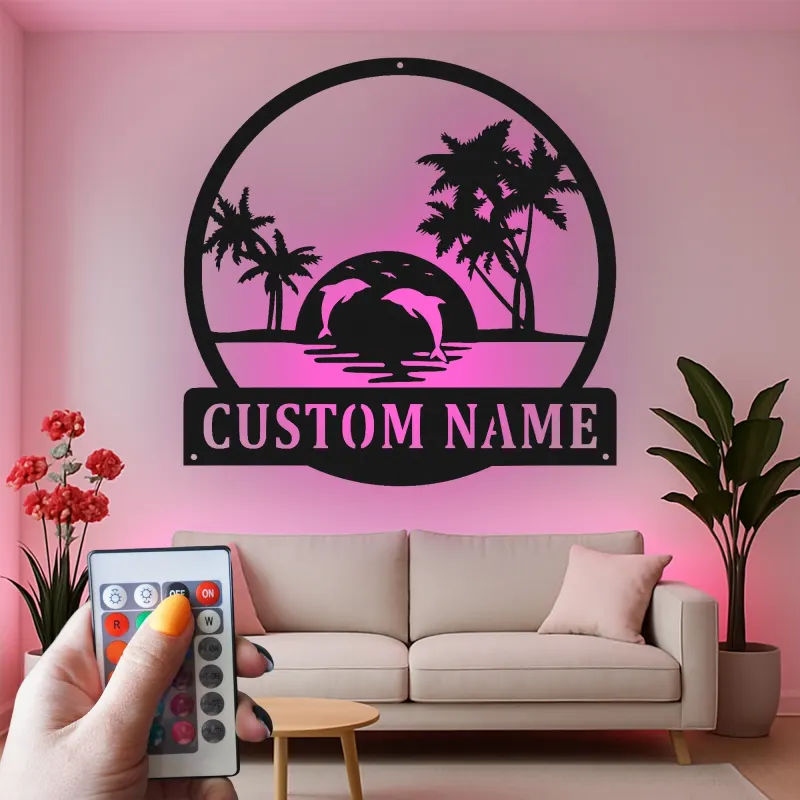Custom Tropical Sunset with Dolphins Led Light Metal Wall Art Personalized Beach Lover Gift Coastal Living Room Decor