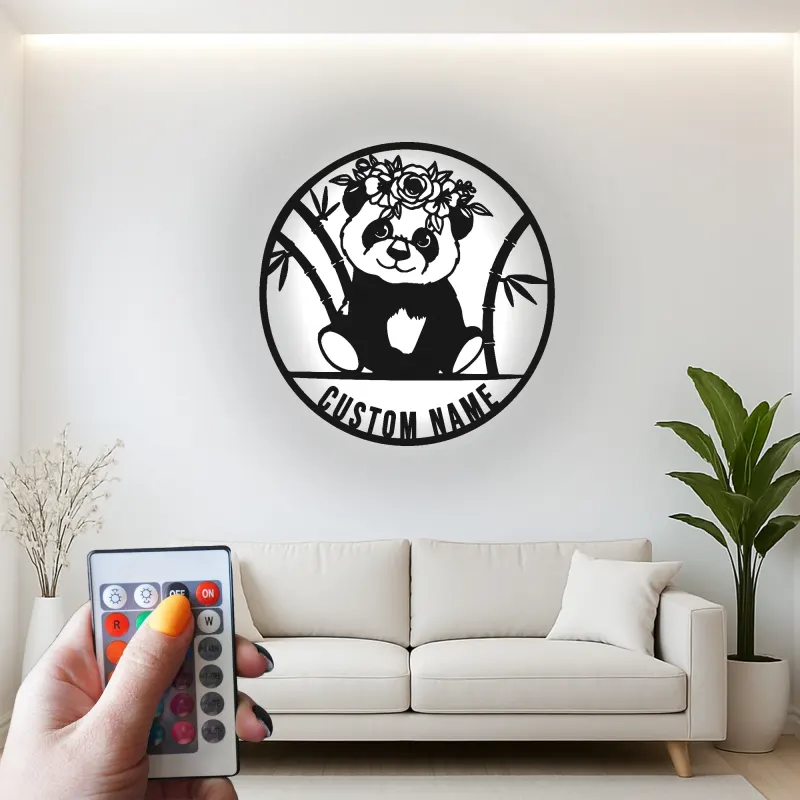 Insegna in metallo personalizzata con panda e luce LED - Regalo personalizzato per nursery, decorazione carina per la camera dei bambini