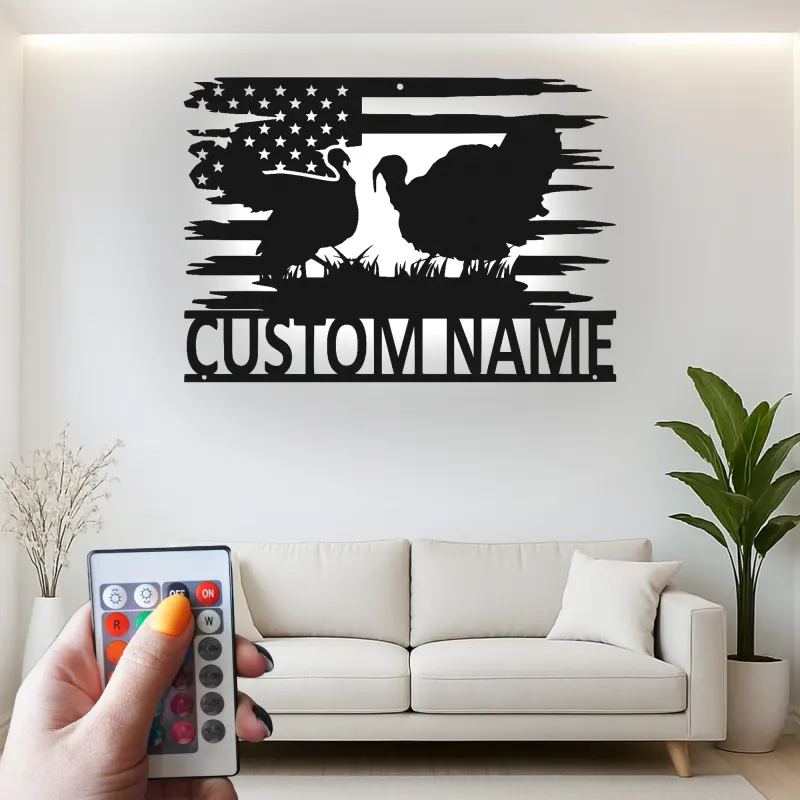 Décoration murale en métal personnalisée avec LED en forme de dinde et drapeau américain - Cadeau de ferme rustique