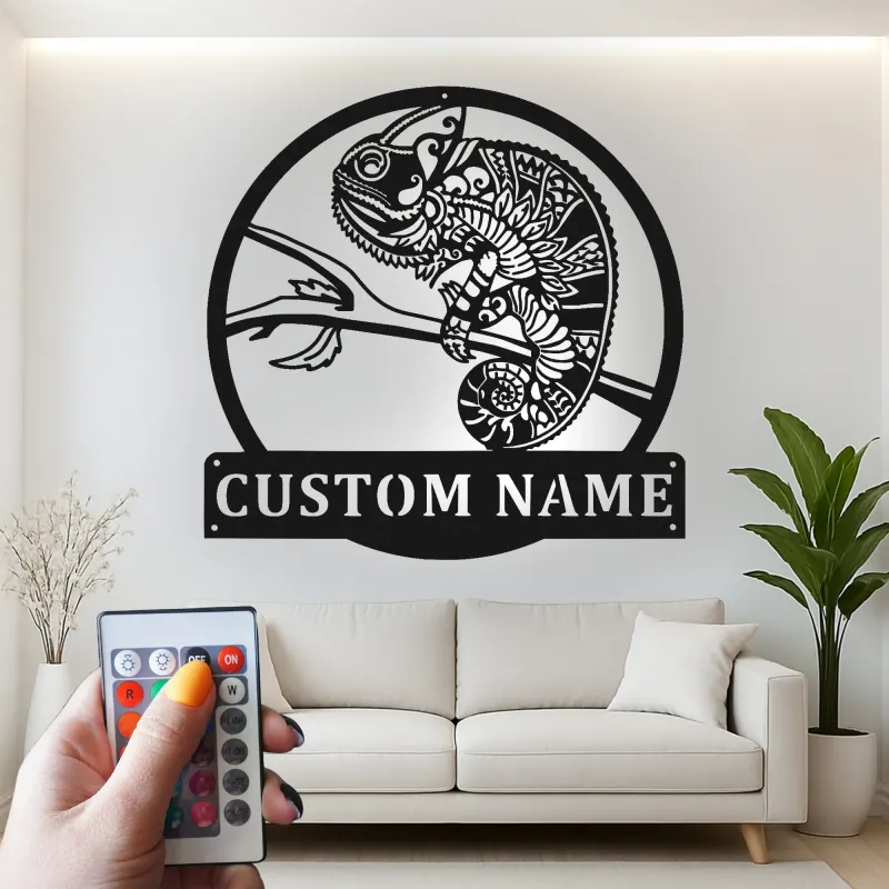 Cartel de metal personalizado con luz LED de camaleón, regalo único para amantes de reptiles, decoración única para salón