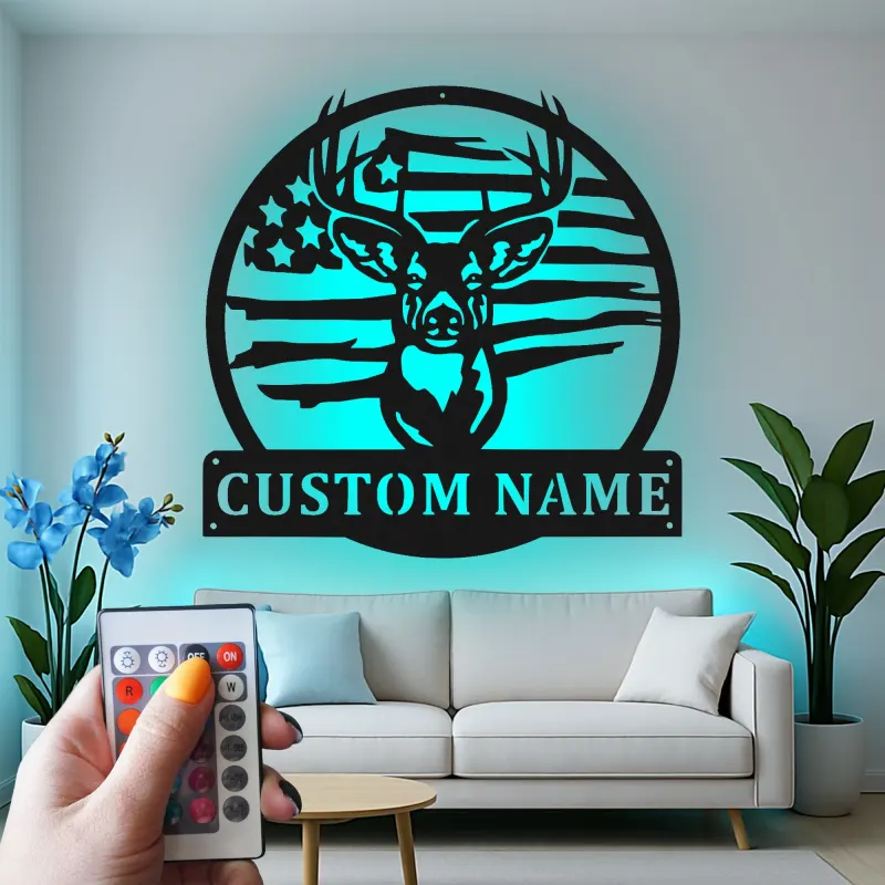 Custom Deer American Flag Led Light Metal Wall Art Personalized Gift for Hunters Rustic Man Cave Decor