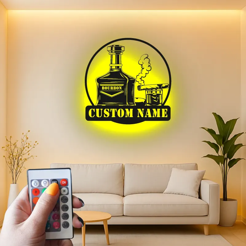 Décoration murale en métal personnalisée avec éclairage LED pour amateurs de bourbon et de cigares