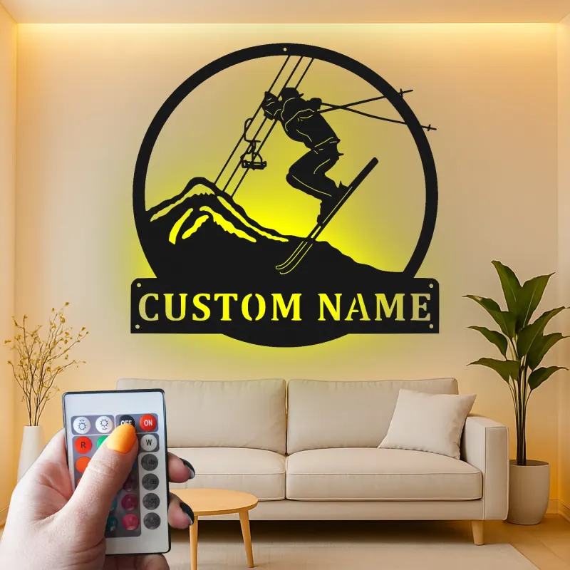 Custom Skier Led Light Metal Wall Art Personalized Gift for Ski Enthusiasts Mountain Lodge Decor