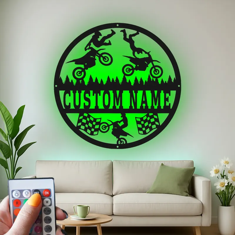 Panneau LED Motocross Personnalisé | Art mural en métal Moto Tout Terrain | Décor de course sur mesure pour cave à vin | Cadeau de pilote de cascade