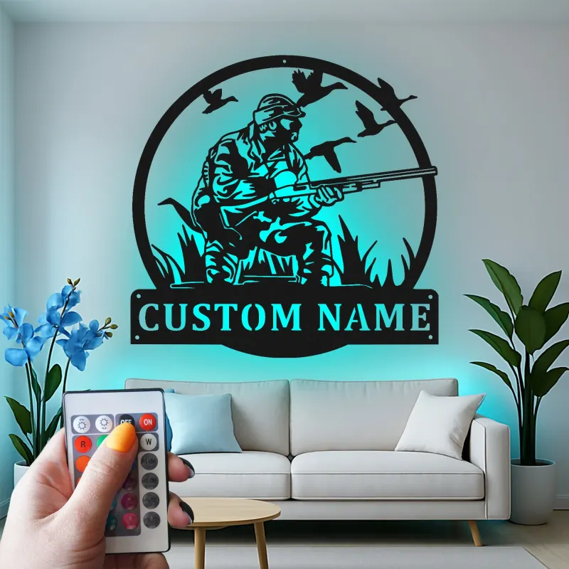 Insegna in metallo personalizzata per cacciatori con anatre con luce LED regalo per cacciatori decorazione per man cave o cabin