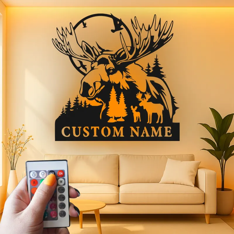 Personalisierte Metall-Wandkunst mit Elch und Wald LED-Beleuchtung – Einzigartiges Geschenk für Naturliebhaber und Hütten-Dekoration