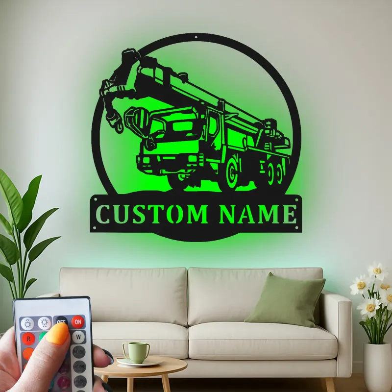 Personalisierte LED-Metall-Wandkunst mit Kranwagen – Geschenk für Bauarbeiter, Garage oder Werkstatt