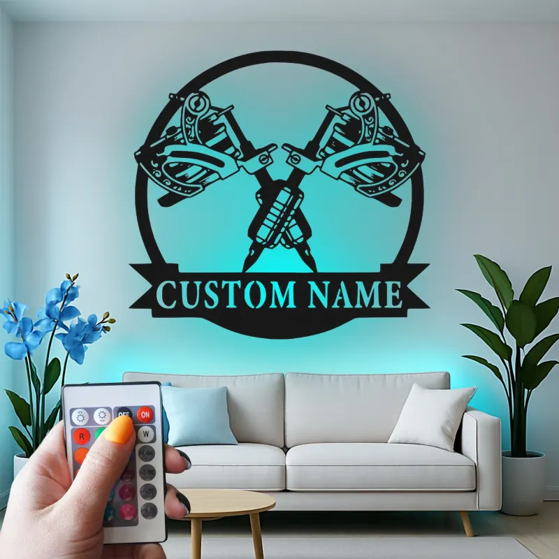 Décoration murale en métal personnalisée avec lumière LED de machine à tatouer - Cadeau pour artistes tatoueurs