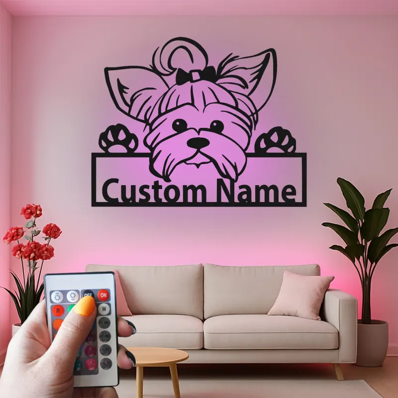 Décoration murale en métal LED personnalisée pour Yorkshire Terrier - Cadeau pour amoureux des chiens - Décor pour chambre ou salon