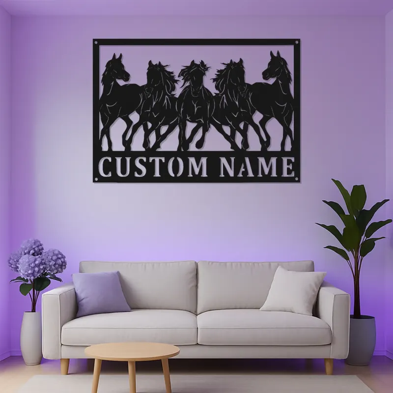 Cartel con nombre de caballo personalizado | Decoración mural de metal LED para rancho y decoración ecuestre | Caballos al galope personalizados