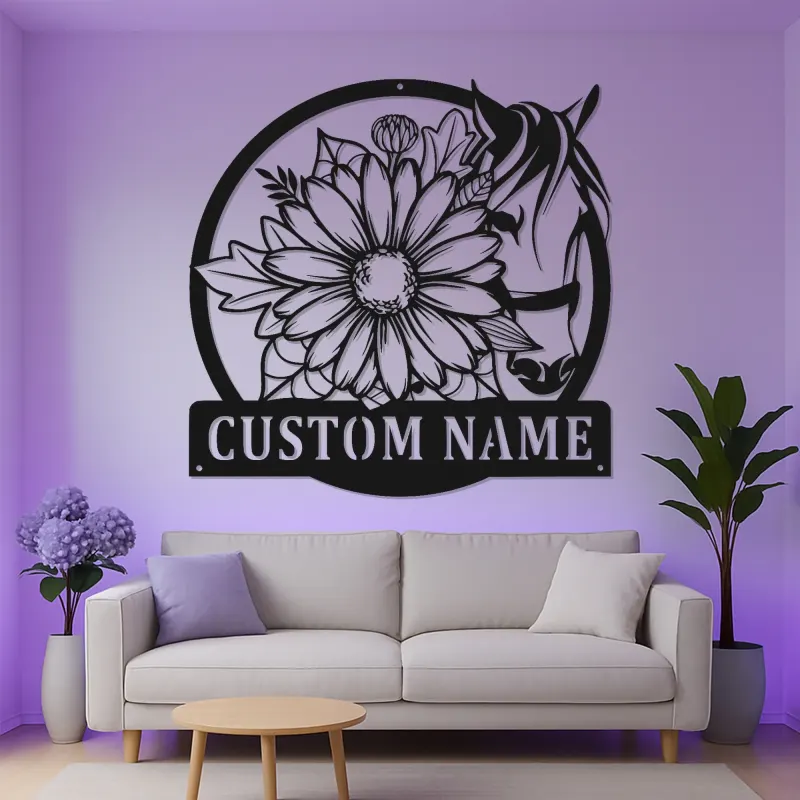 Insegna LED Personalizzata Cavallo e Fiori | Arte in Metallo Personalizzata | Regalo Equestre e Decorazione per Ranch