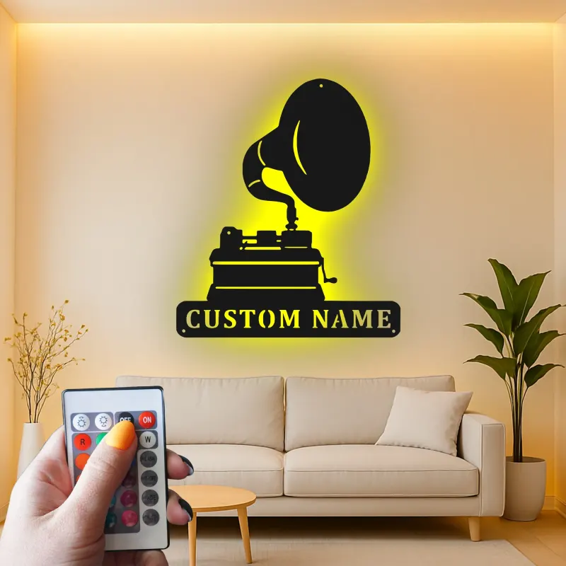 Personalisierte Vintage Phonograph LED Licht Metall-Wandkunst Geschenk für Musikliebhaber, Retro-Wohnzimmer-Dekor