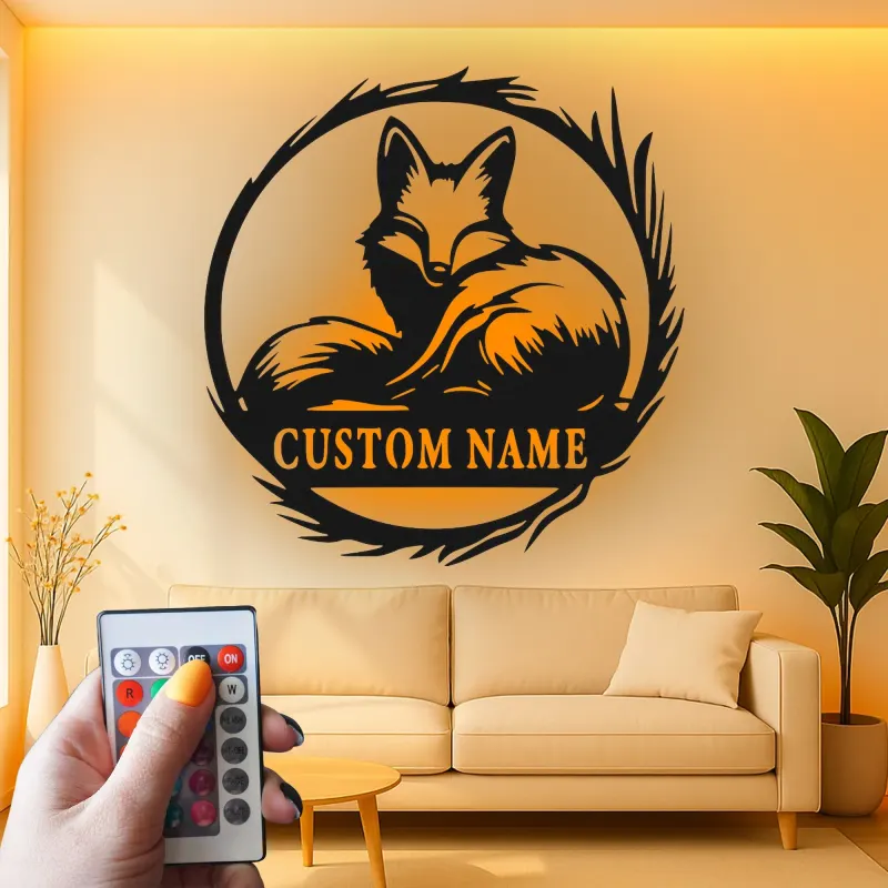 Enseigne renard LED en métal sur mesure | Décoration murale faune personnalisée | Décor rustique avec prénom pour chalet ou maison | Cadeau pour amoureux de la nature