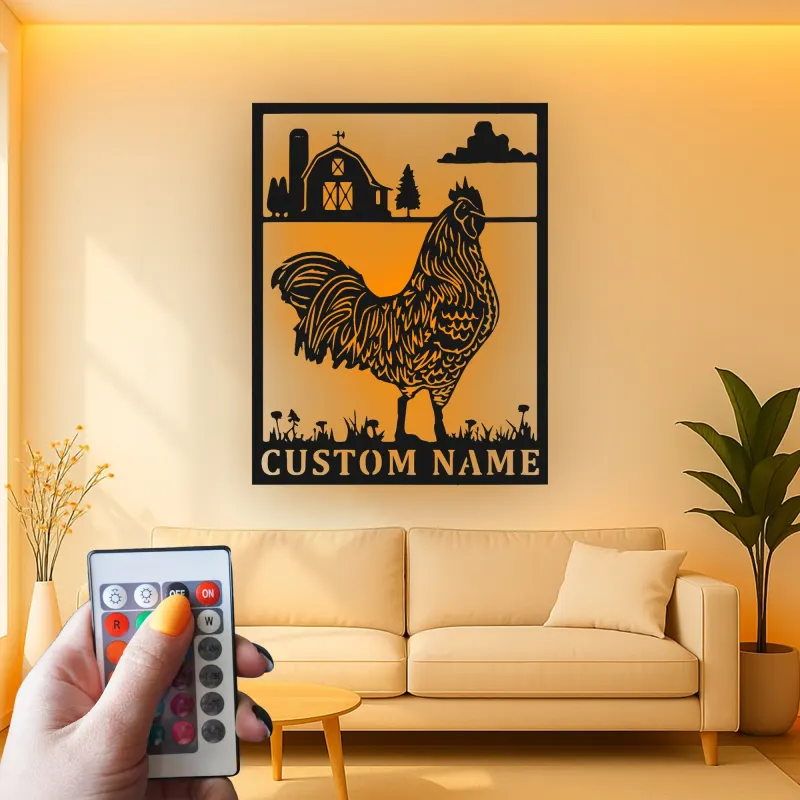 Panneau LED en métal personnalisé de coq | Art mural de cuisine de ferme moderne | Décor de grange rustique personnalisé