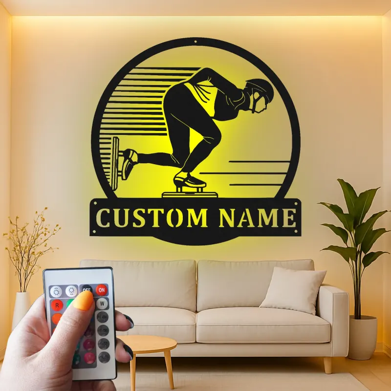 Personalisierte LED-Schild für Eisschnellläufer | Individuelle Metall-Wandkunst für Eiskunstläufer | Geschenk für Sportlerzimmer