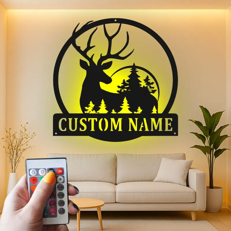 Cartel de metal personalizado con silueta de ciervo y luz LED, regalo para amantes de la naturaleza, decoración rústica para cabañas