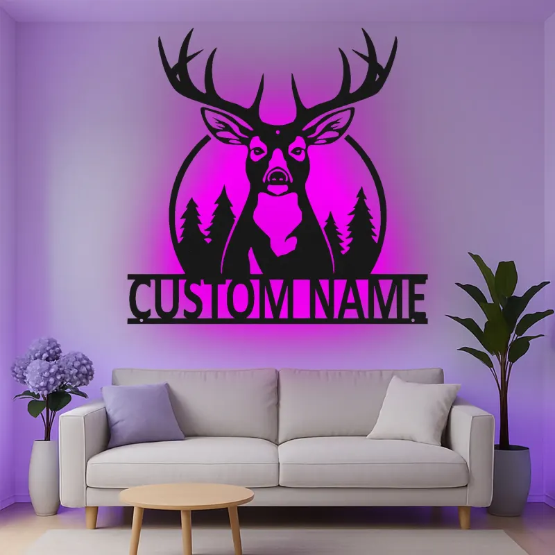Décoration murale en métal personnalisée Silhouette de Cerf avec Rétroéclairage LED Cadeau Personnalisé pour Chasseurs Décor de Chalet Rustique