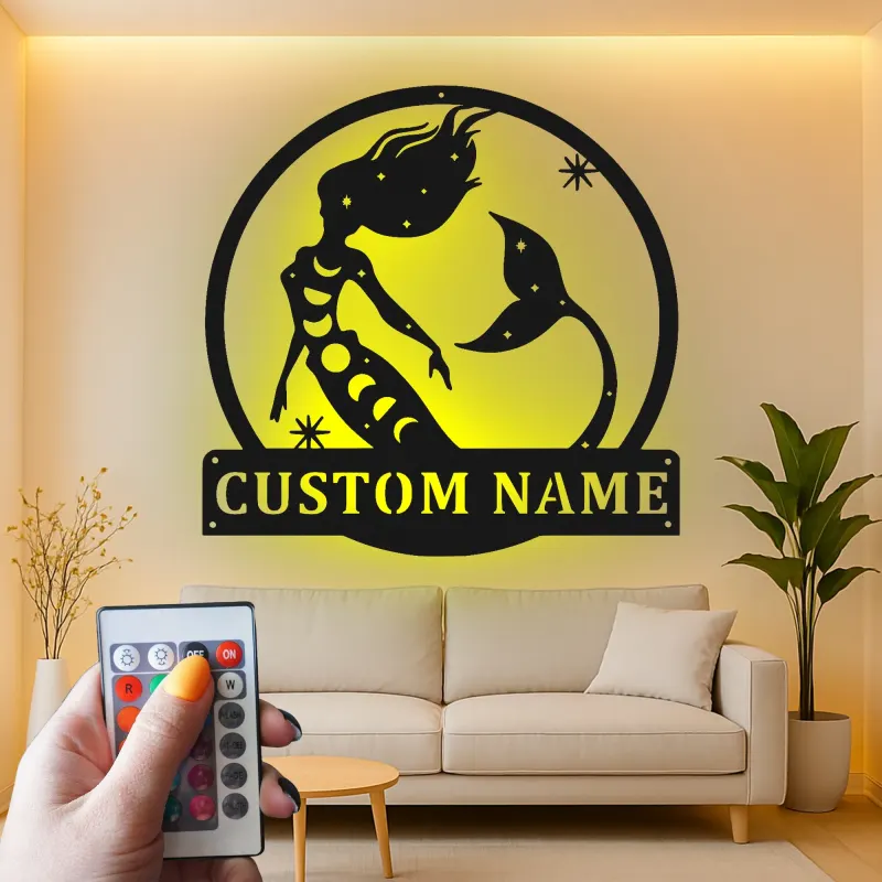 Arte mural de sirena personalizada | Letrero LED de metal a medida para habitación de niña | Decoración náutica mística con nombre