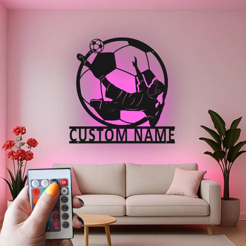Panneau Métallique de Joueur de Soccer Personnalisé | Décoration Murale LED de Nom pour Chambre de Garçon | Silhouette de Coup de Pied de Bicyclette | Cadeau pour Athlète