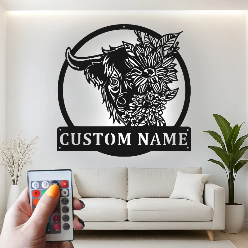 Décoration murale en métal Highland Cow | Plaque LED personnalisée pour maison de campagne | Cadeau floral pour salon