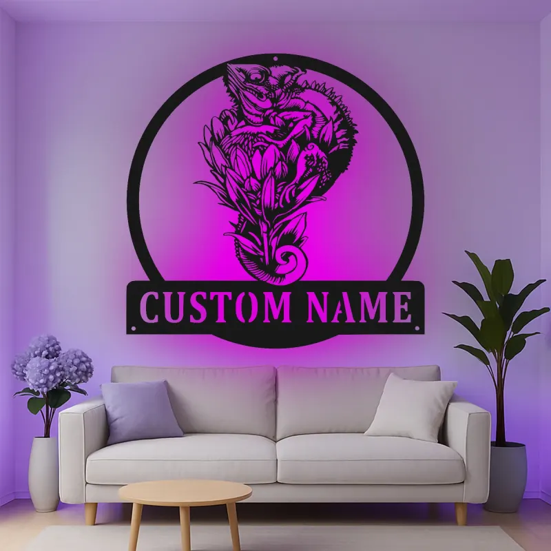 Personalisierte LED-Metall-Wandkunst mit Chamäleon und Blumen – einzigartiges Geschenk für Naturliebhaber, Wohn- oder Gartendeko