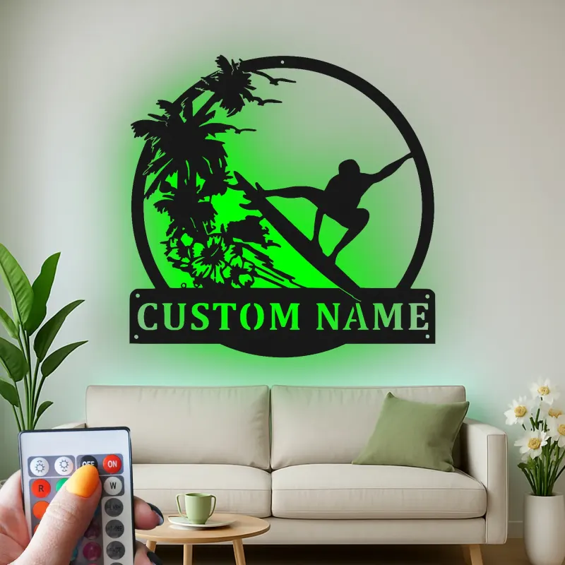 Custom Surfer Metal Wall Art | Personalized LED Beach House Decor | Tropical Wave Silhouette Sign | Gift for Ocean Lovers