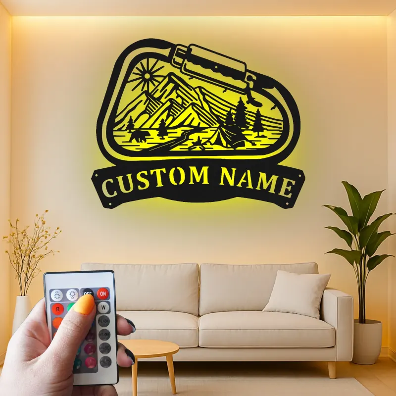 Cartel de metal LED personalizado de camping en montaña regalo para entusiastas del aire libre decoración de cabaña o campamento