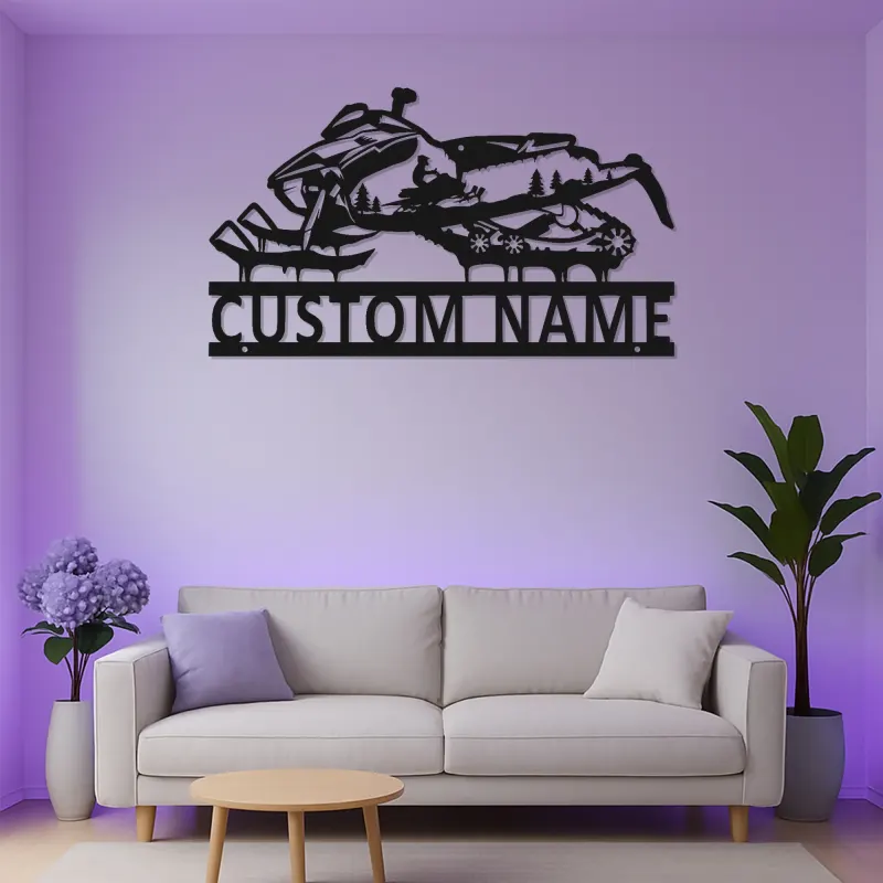 Arte mural de metal LED de moto de nieve | Cartel de nombre personalizado para piloto | Decoración de deportes de invierno personalizada para cabaña y garaje | Regalo para motos de nieve