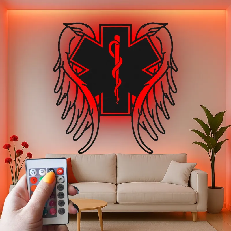 Insegna LED Star of Life | Arte in metallo personalizzata per EMT e paramedici | Simbolo medico con ali d'angelo | Regalo per primo soccorritore e decorazione per cliniche