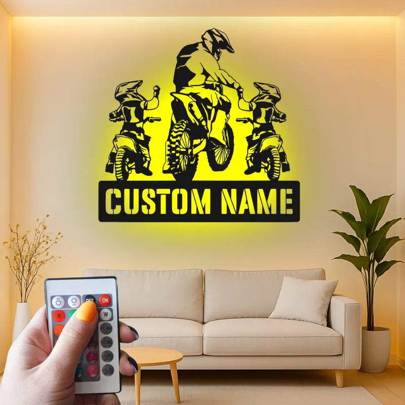 Insegna in metallo personalizzata Motocross Family con LED per appassionati di moto da cross, regalo per garage o man cave