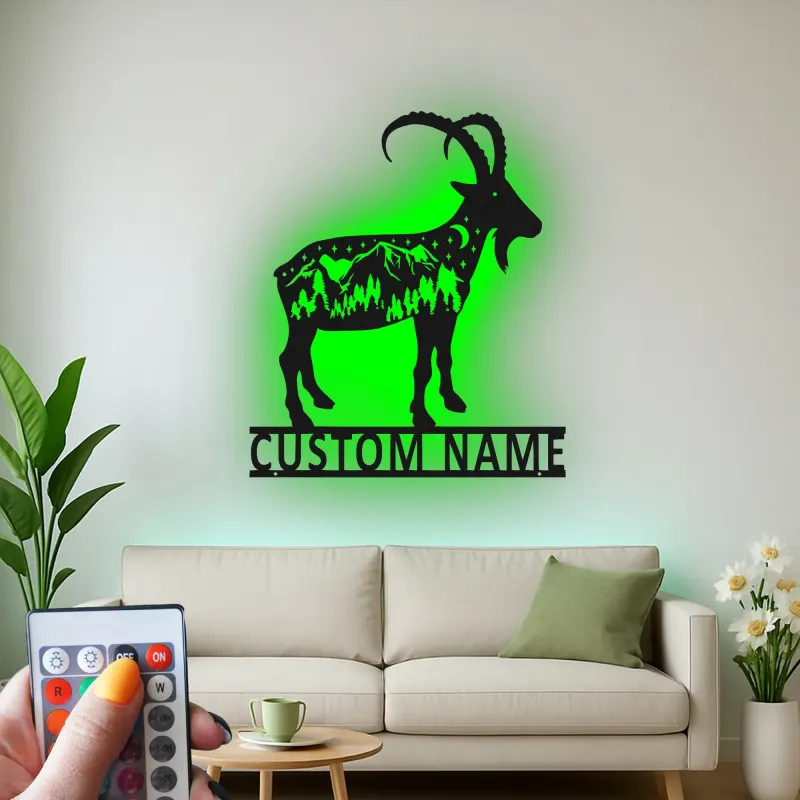 Custom Mountain Goat Metal Sign | Personalized LED Wall Art | Wildlife Decor for Nature Lover & Cabin