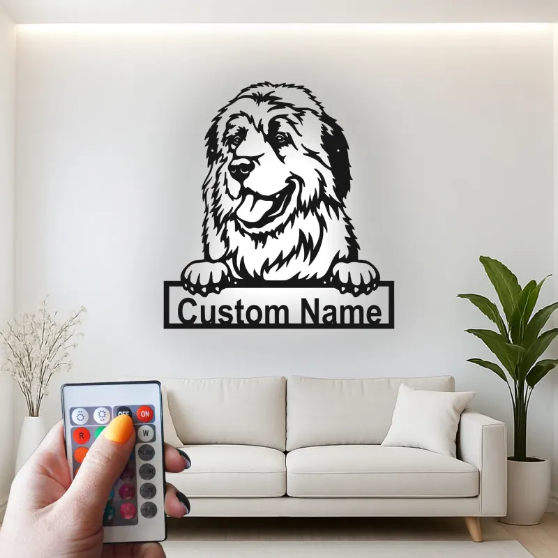 Cartel de metal personalizado con luz LED de perro de Terranova, regalo para padres de mascotas, decoración de salón de perros