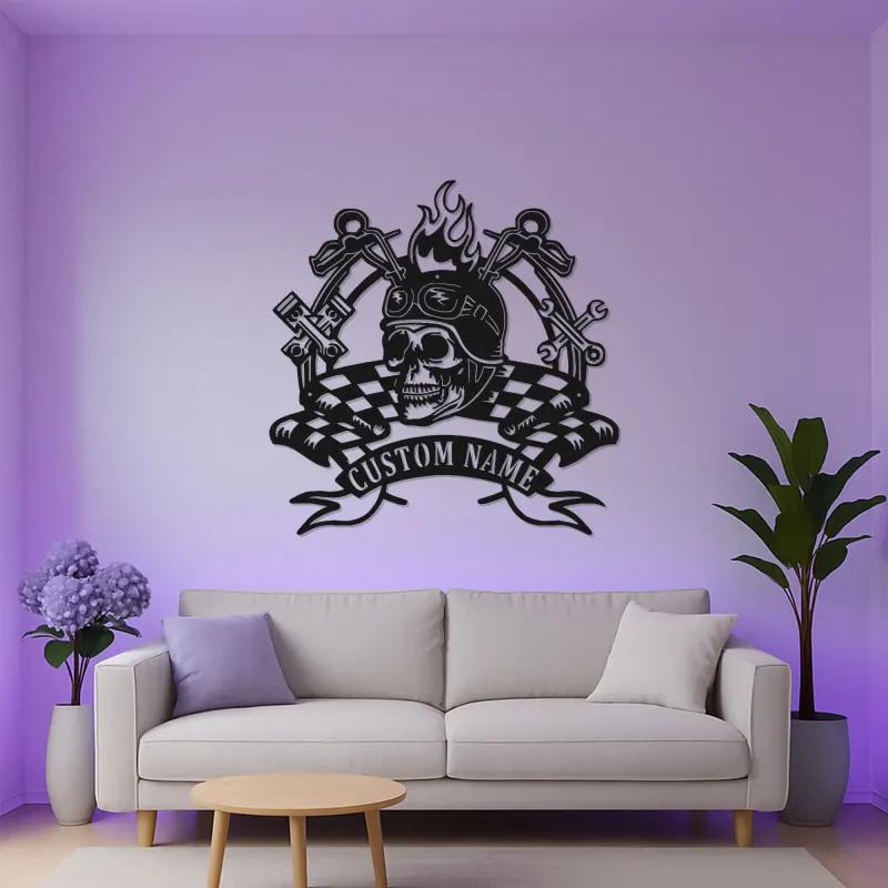 Custom Biker Skull LED Metal Sign | Personalized Motorcycle Wall Art | Garage & Man Cave Decor with Remote