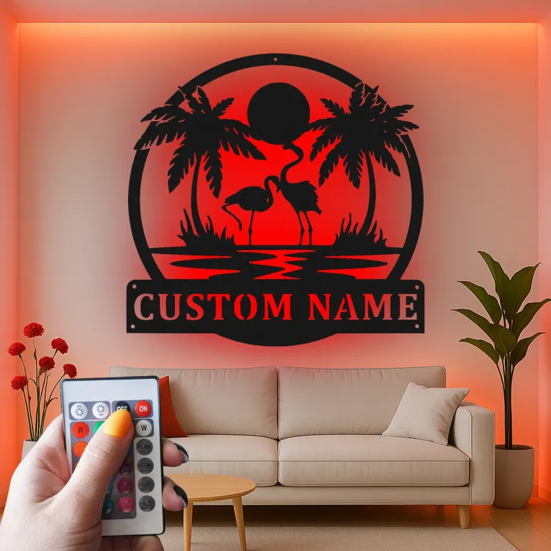 Insegna LED fenicottero personalizzata | Arte da parete in metallo per patio e piscina | Decorazione tropicale con palma