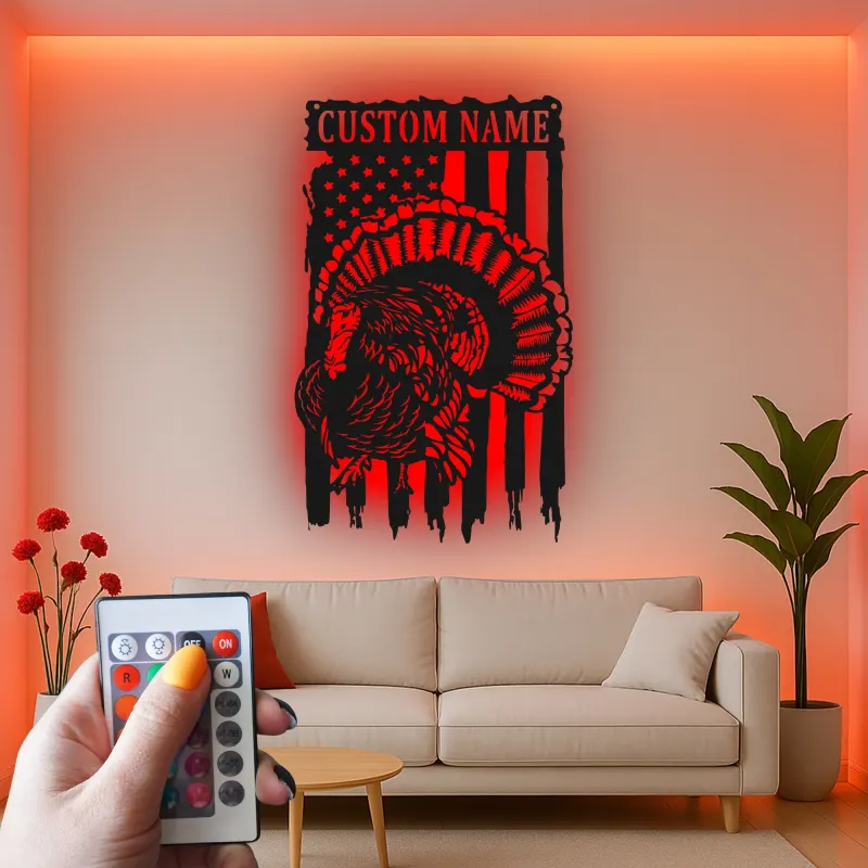 Personalisiertes LED-Metallschild mit Truthahn und amerikanischer Flagge