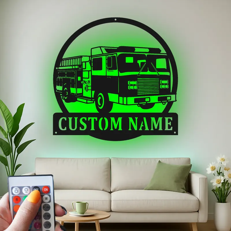 Cartel de camión de bomberos personalizado | Arte metálico LED para decoración de estación de bomberos | Regalo personalizado para bombero
