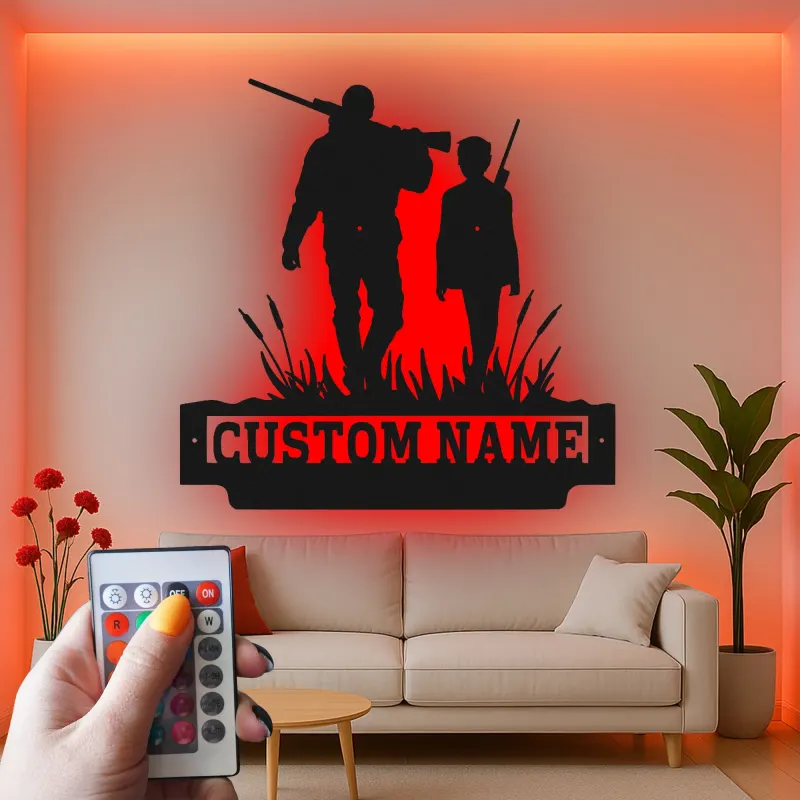 Cartel Personalizado de Caza | Arte de Metal LED para Padre e Hijo | Decoración de Cabaña Personalizada para Papá