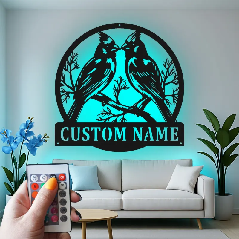 Personalisierte Kardinal-Paar LED-Metall-Wandkunst – Geschenk für Vogelliebhaber, für Schlafzimmer oder Wohnzimmer