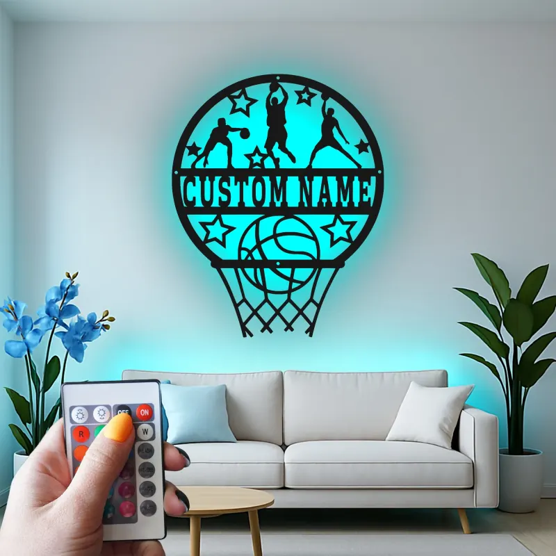 Insegna in metallo LED personalizzata per canestro da basket - Regalo sportivo per appassionati di basket e decorazione per sala giochi