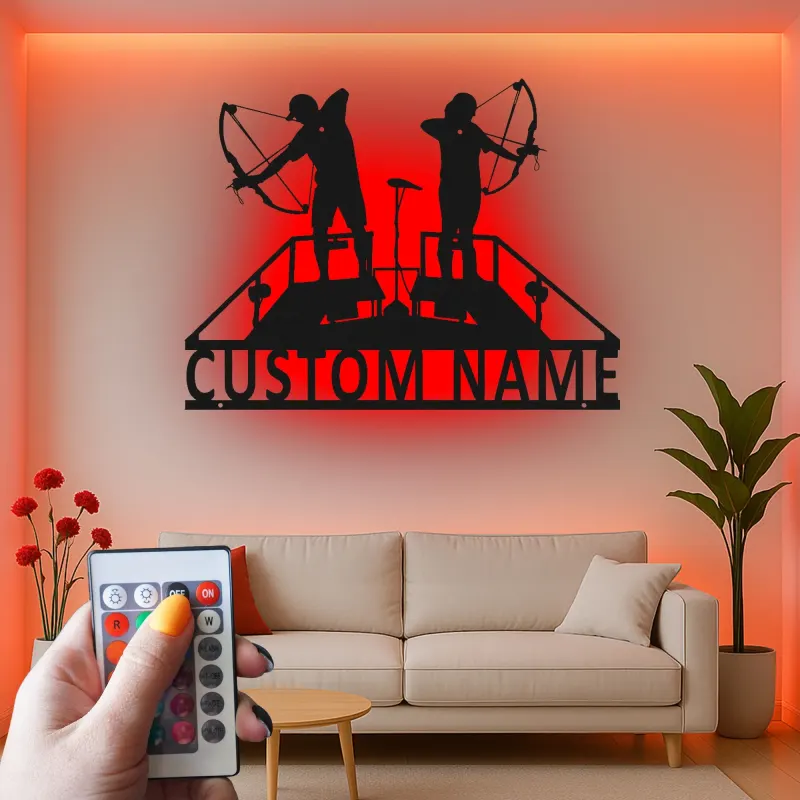 Personalisierte LED-Beleuchtung Metall-Wandkunst mit Bogenschützen-Silhouette – Geschenk für Bogenschützen, Spielzimmer oder Man Cave Dekor