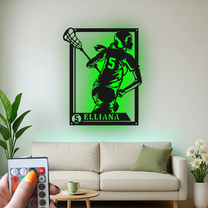 Custom Lacrosse Player Led Light Metal Wall Art Personalized Gift for Lacrosse Enthusiasts Game Room Sports Decor