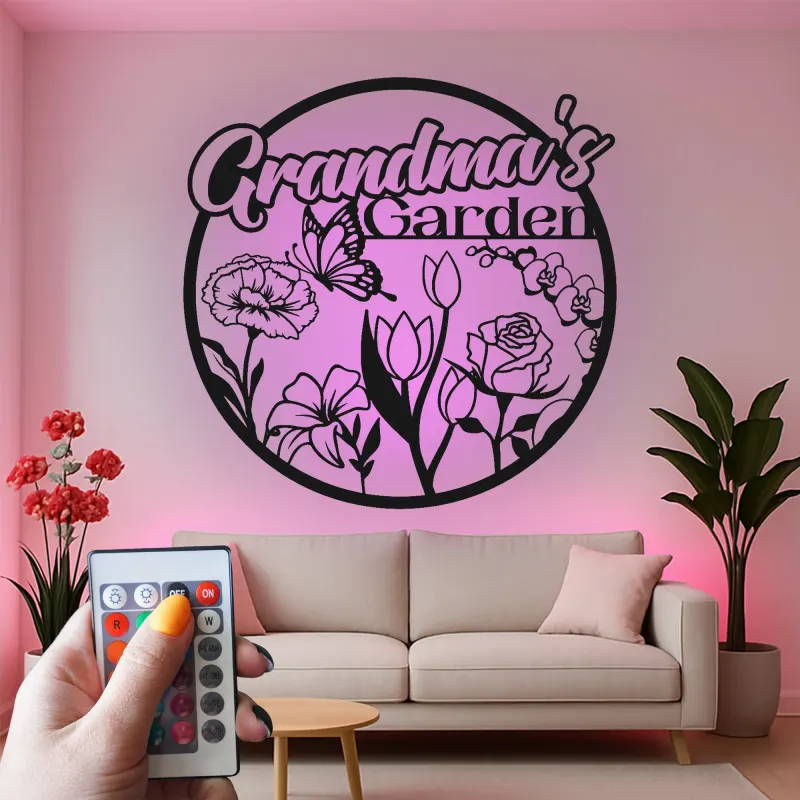 Cartel personalizado del jardín de la abuela | Arte mural de metal LED | Decoración floral de mariposa personalizada | Regalo del Día de la Madre para Nana