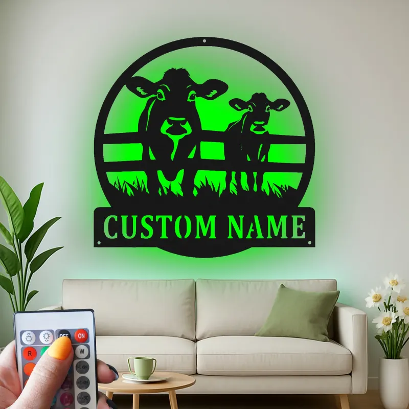 Custom Cow and Calf Led Light Metal Wall Art Farmhouse Gift for Farmers Rustic Kitchen or Barn Decor