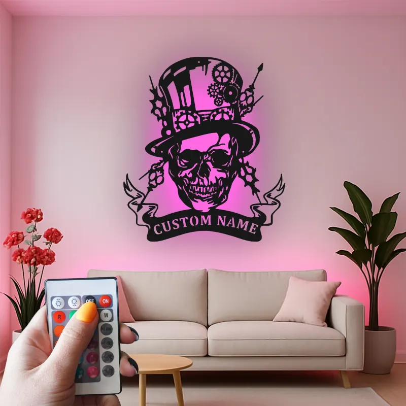 Insegna in metallo LED Teschio Steampunk | Insegna con Nome Personalizzato per Man Cave | Decorazione per Stanza di Gioco Gotica con Cappello a Cilindro e Ingranaggi