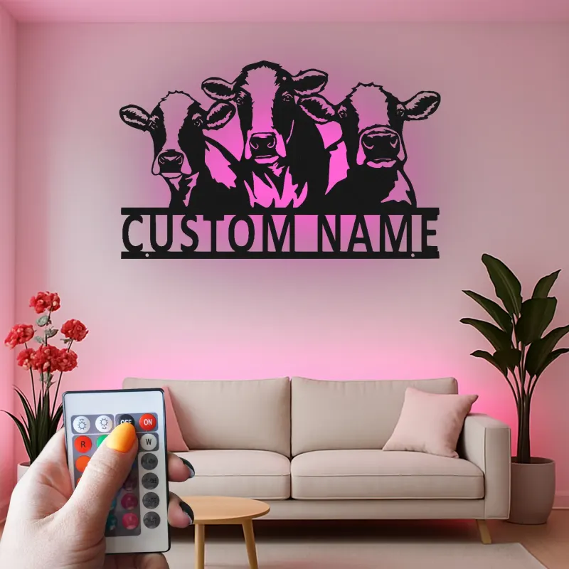 Décoration murale en métal personnalisée avec trio de vaches et rétroéclairage LED - Cadeau de ferme pour une cuisine rustique ou une grange