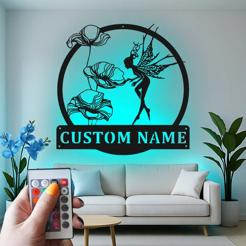 Insegna in metallo LED a forma di fata e fiori personalizzata - Regalo per amanti delle fate, decorazione incantevole per giardino