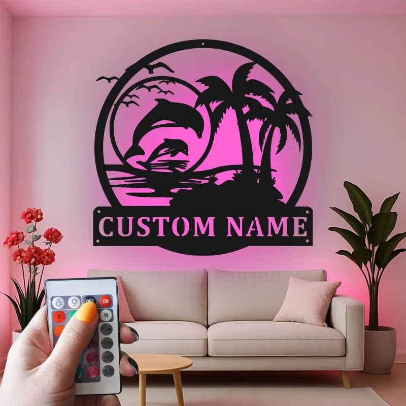Personalisierte Delfin- und Palmen LED-Metall-Wandkunst – Geschenk für Strandliebhaber, tropische Deko fürs Wohnzimmer