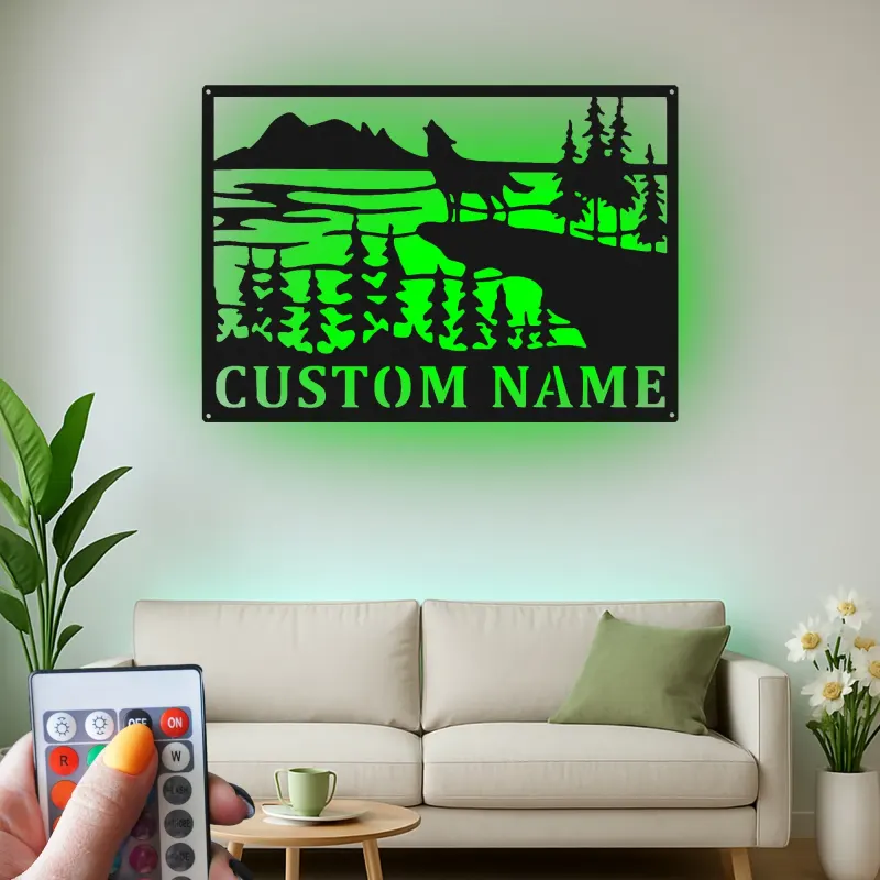 Custom Wolf Howling Landscape Led Light Metal Wall Art Personalized Nature Lover Gift Cabin Decor