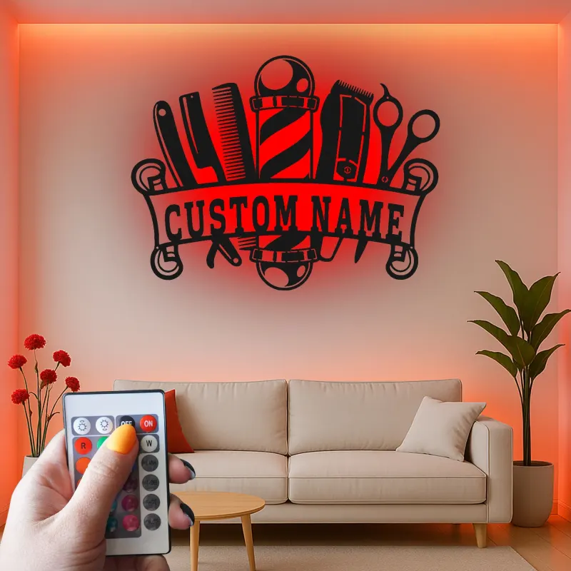 Custom Barber Shop Led Light Metal Wall Art Personalized Gift for Barbers Salon Decor